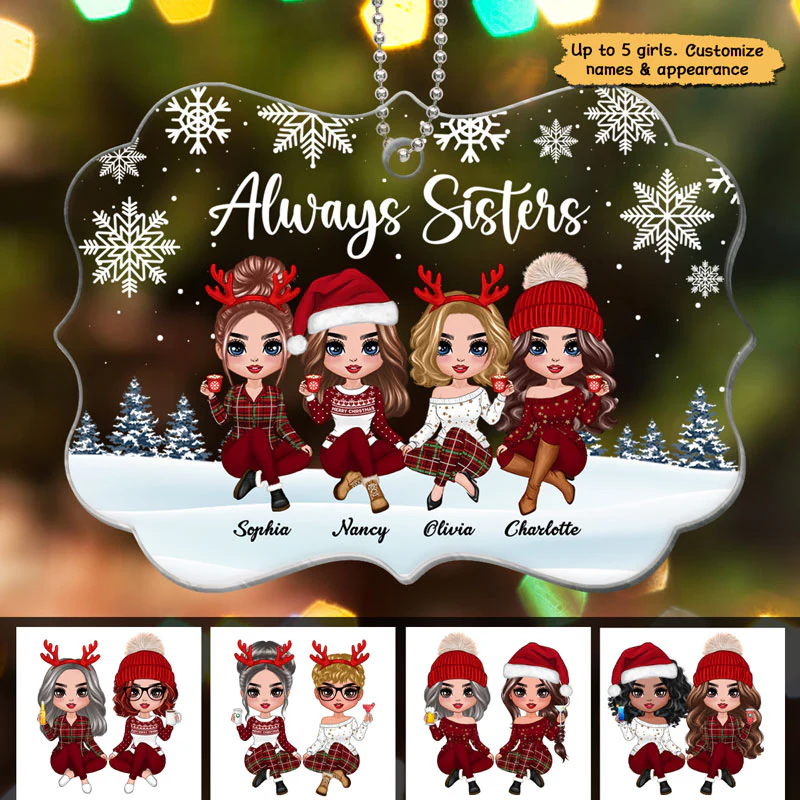 Doll Sisters Siblings Sitting Snow Background Personalized Acrylic Ornament - Image 3