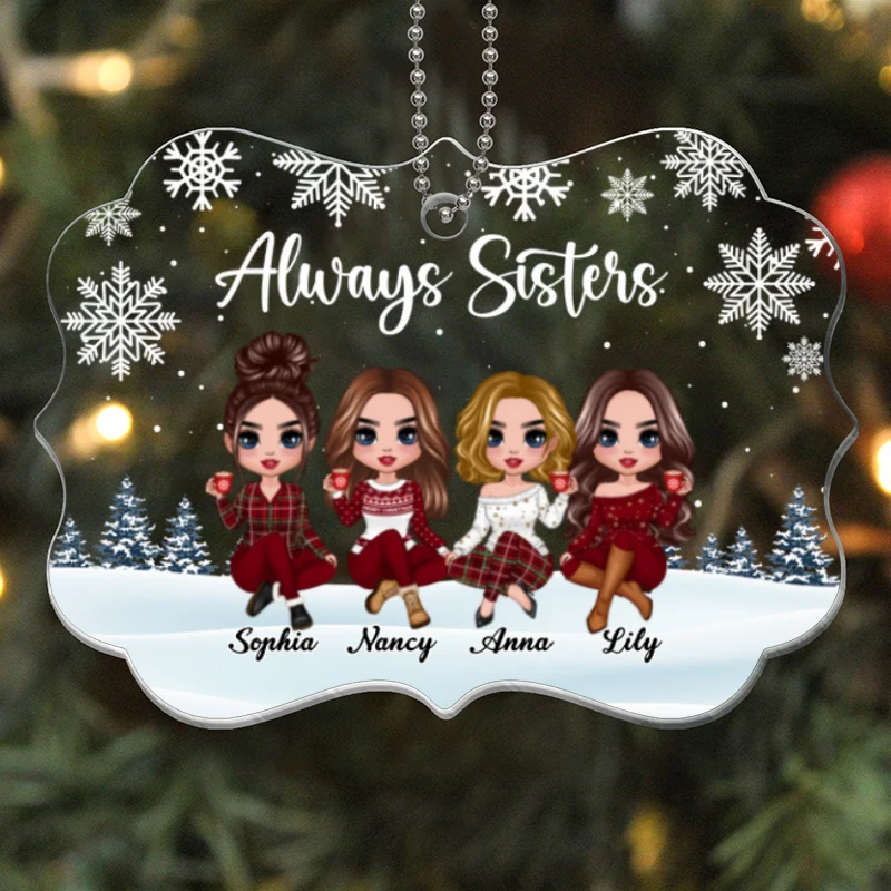 Doll Sisters Siblings Sitting Snow Background Personalized Acrylic Ornament - Image 4