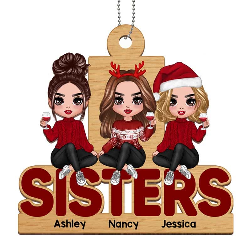 Doll Sisters Sitting On Word Personalized Wooden Ornament