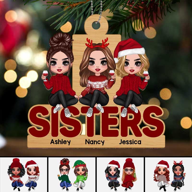 Doll Sisters Sitting On Word Personalized Wooden Ornament - Image 2