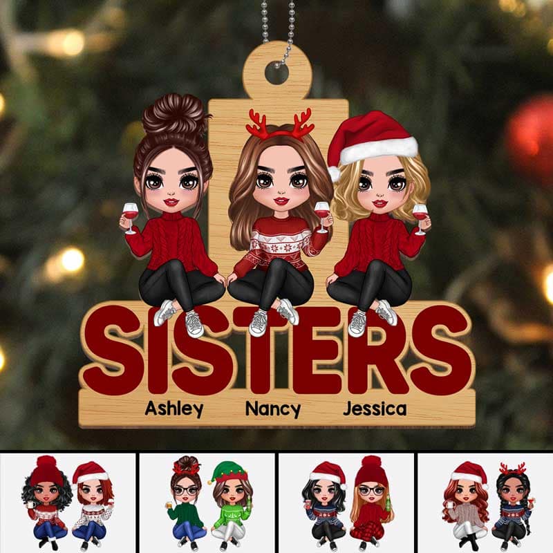 Doll Sisters Sitting On Word Personalized Wooden Ornament - Image 3