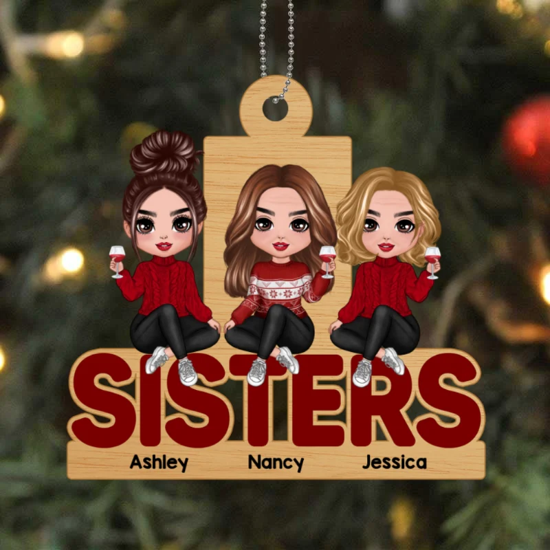 Doll Sisters Sitting On Word Personalized Wooden Ornament - Image 4