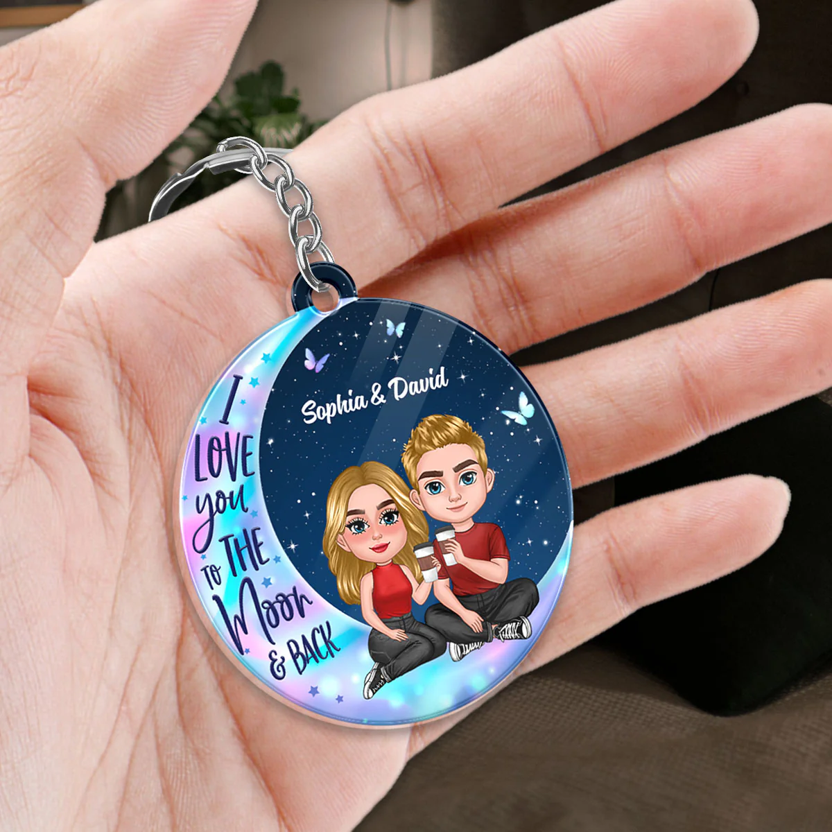 Doll Sitting Together On Galaxy Moon Favorite Song Scannable QR Code Personalized Acrylic Keychain - Image 2