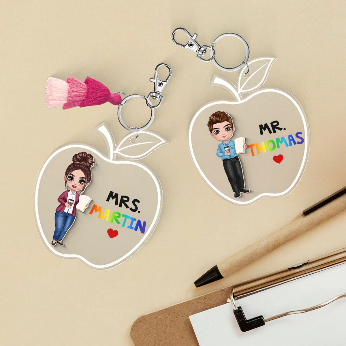 Doll Teacher Apple Shaped Personalized 2-Layer Acrylic Keychain - Image 2