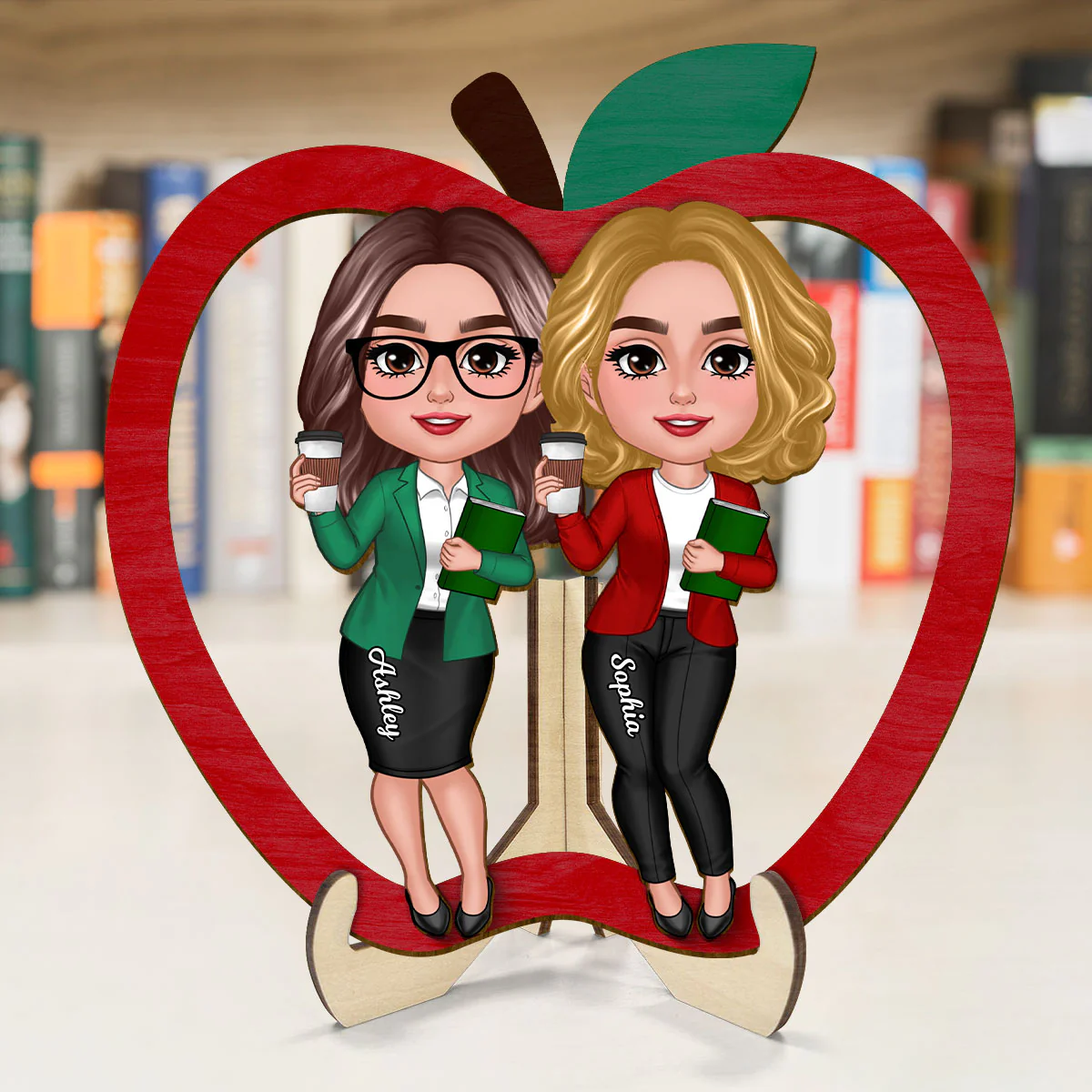Doll Teacher Besties Colleagues Personalized 2-Layer Apple Shaped Wooden Plaque - Image 2