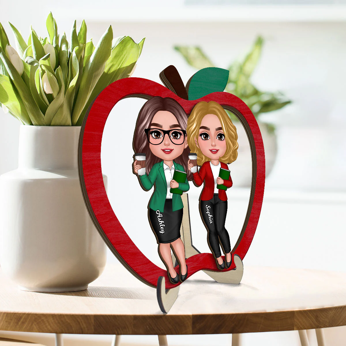 Doll Teacher Besties Colleagues Personalized 2-Layer Apple Shaped Wooden Plaque - Image 3