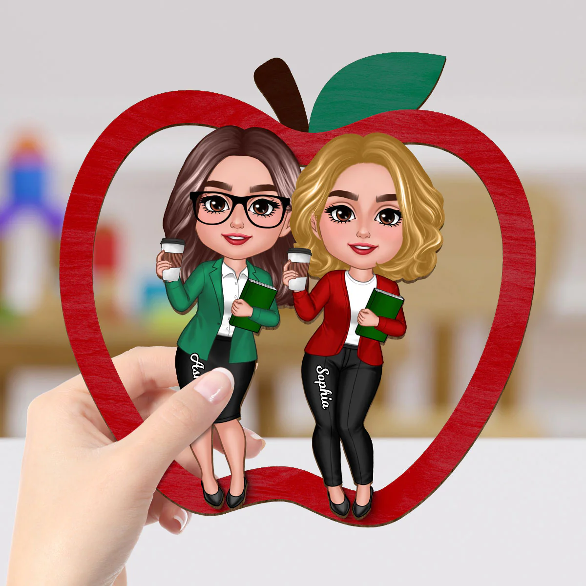 Doll Teacher Besties Colleagues Personalized 2-Layer Apple Shaped Wooden Plaque - Image 4