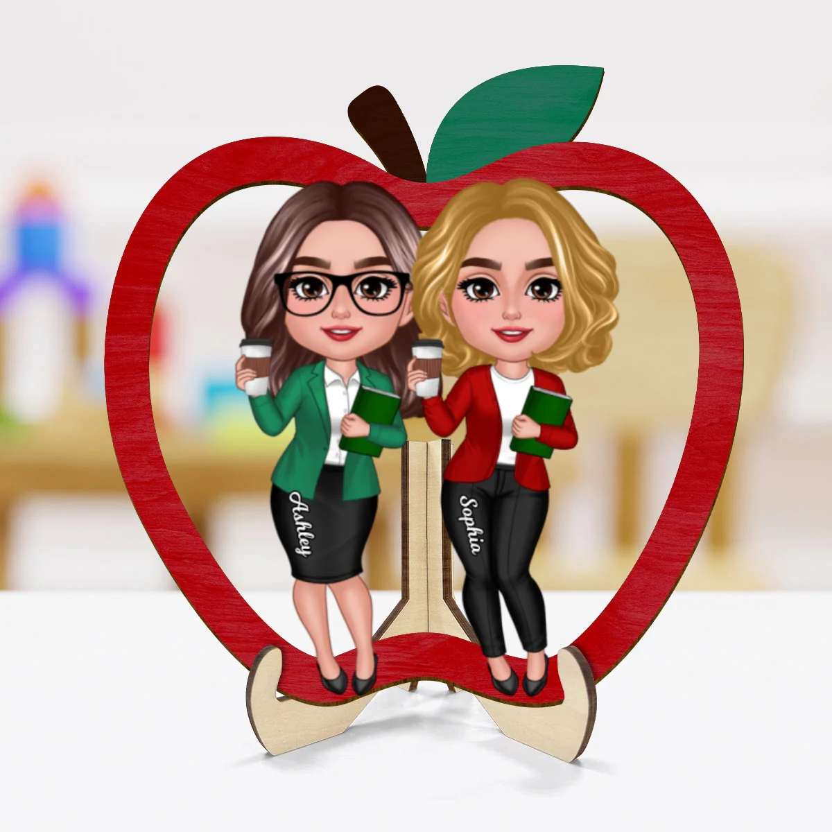 Doll Teacher Besties Colleagues Personalized 2-Layer Apple Shaped Wooden Plaque - Image 8