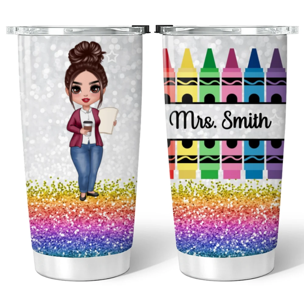 Doll Teacher Crayon Glitter Texture Personalized Tumbler - Image 4