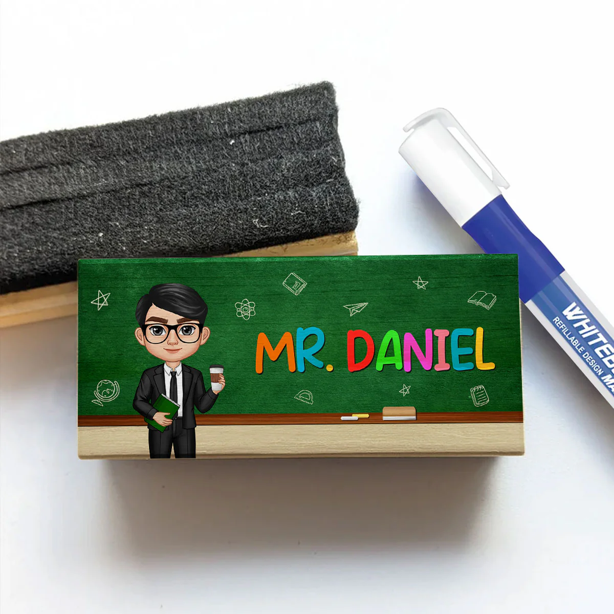 Doll Teacher Green Board Personalized Chalkboard/Whiteboard Eraser with Marker, Teacher Appreciation Gift, Back To School Gift - Image 2