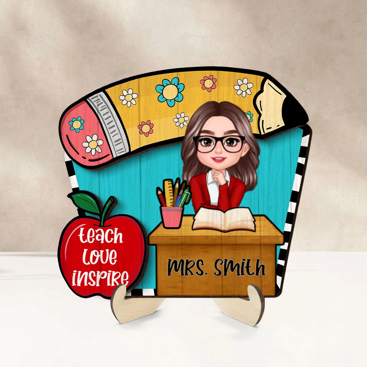 Doll Teacher Sitting At Table Personalized 2-Layer Wooden Plaque, Back to school gift - Image 10