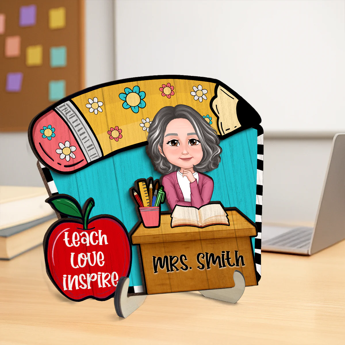 Doll Teacher Sitting At Table Personalized 2-Layer Wooden Plaque, Back to school gift - Image 4