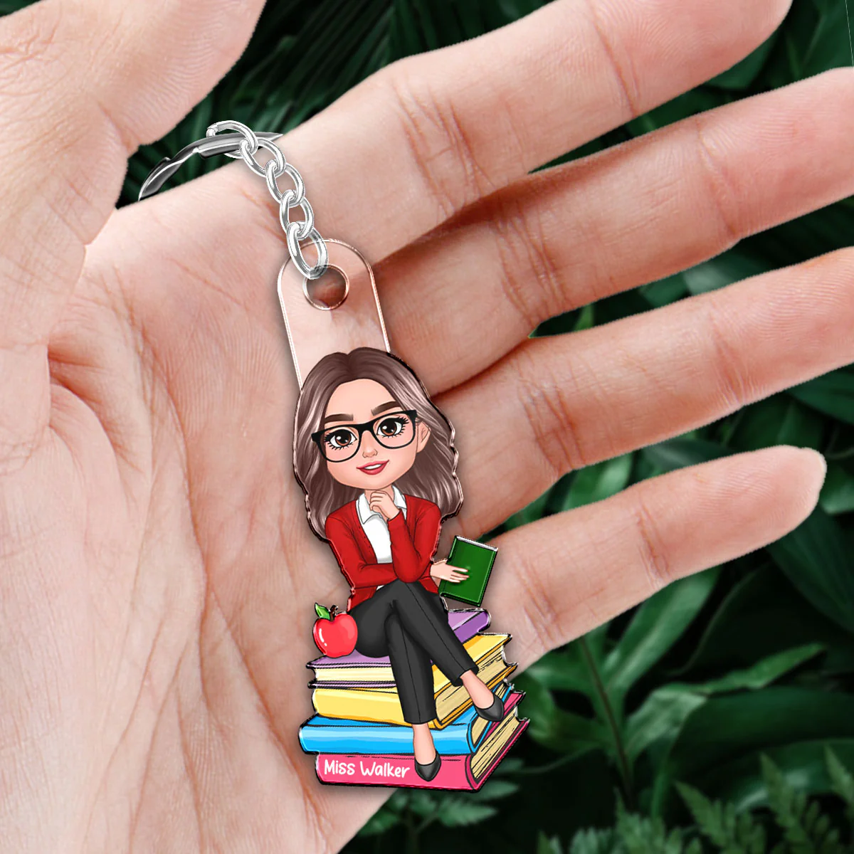Doll Teacher Sitting On Books Personalized Acrylic Keychain - Image 5
