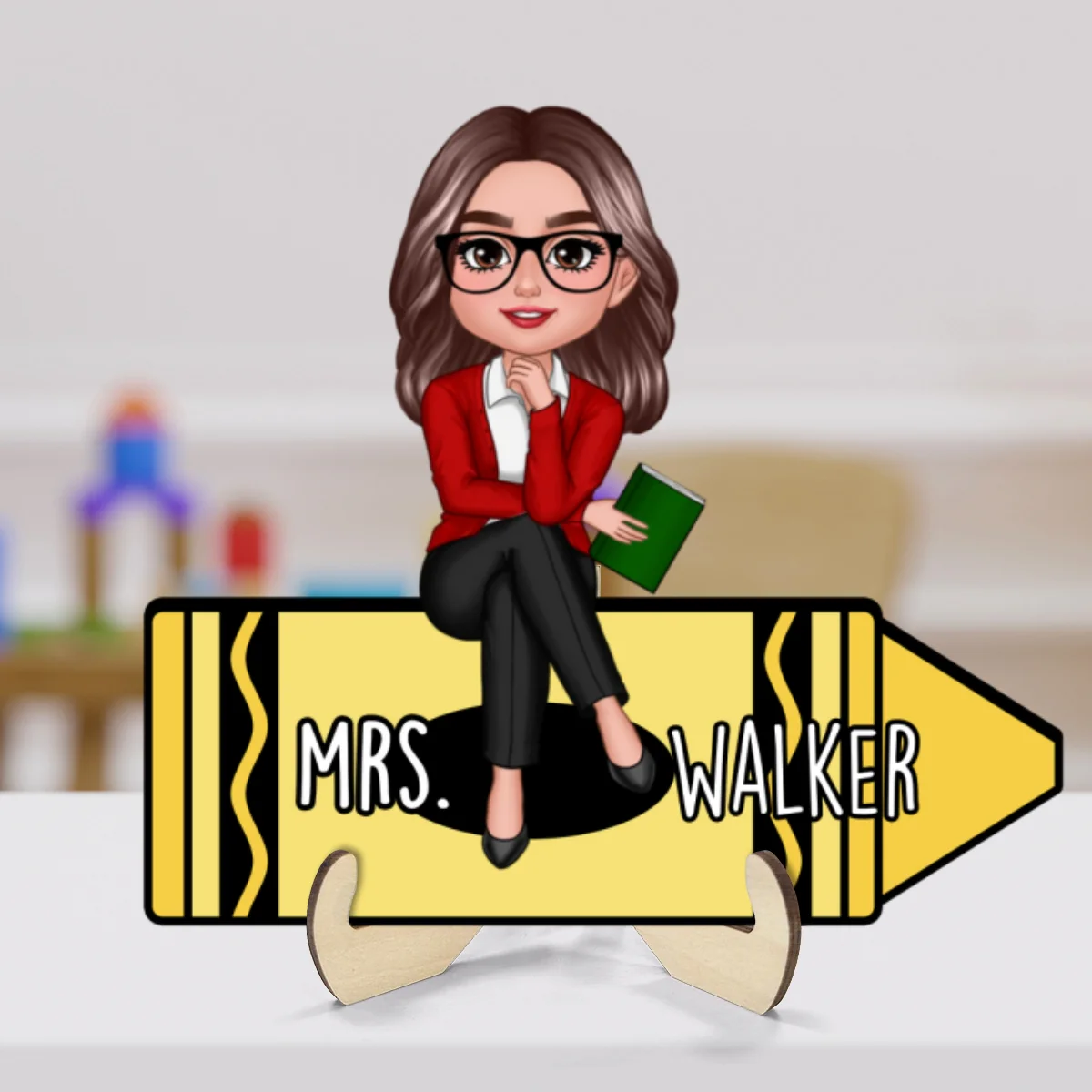 Doll Teacher Sitting On Crayon Personalized 2-Layer Wooden Plaque - Image 14
