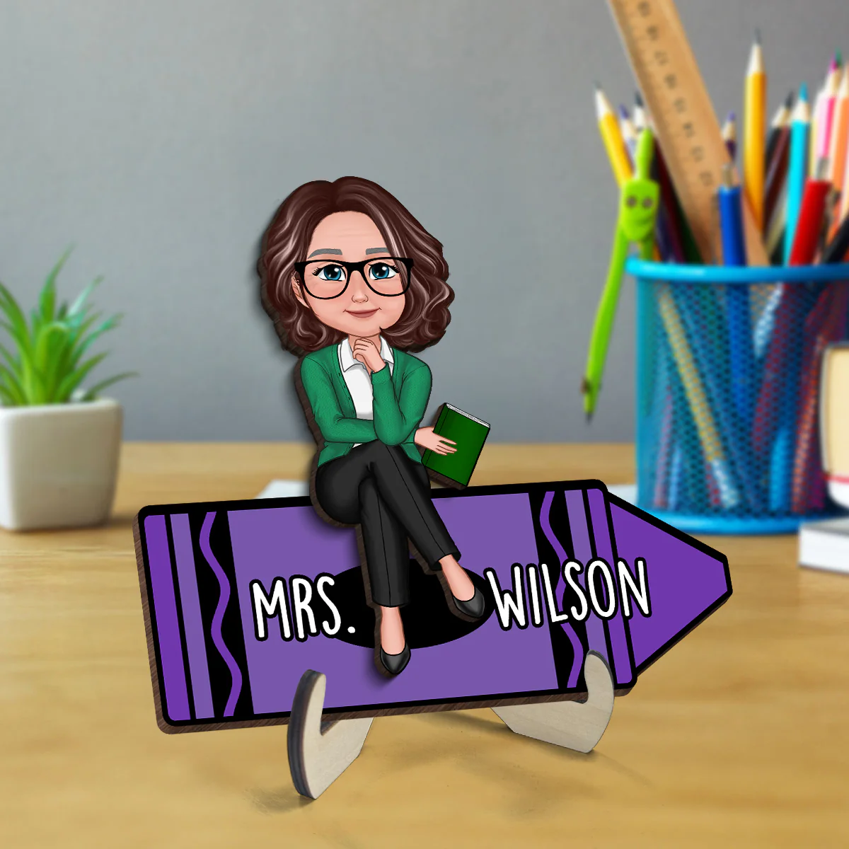 Doll Teacher Sitting On Crayon Personalized 2-Layer Wooden Plaque - Image 6