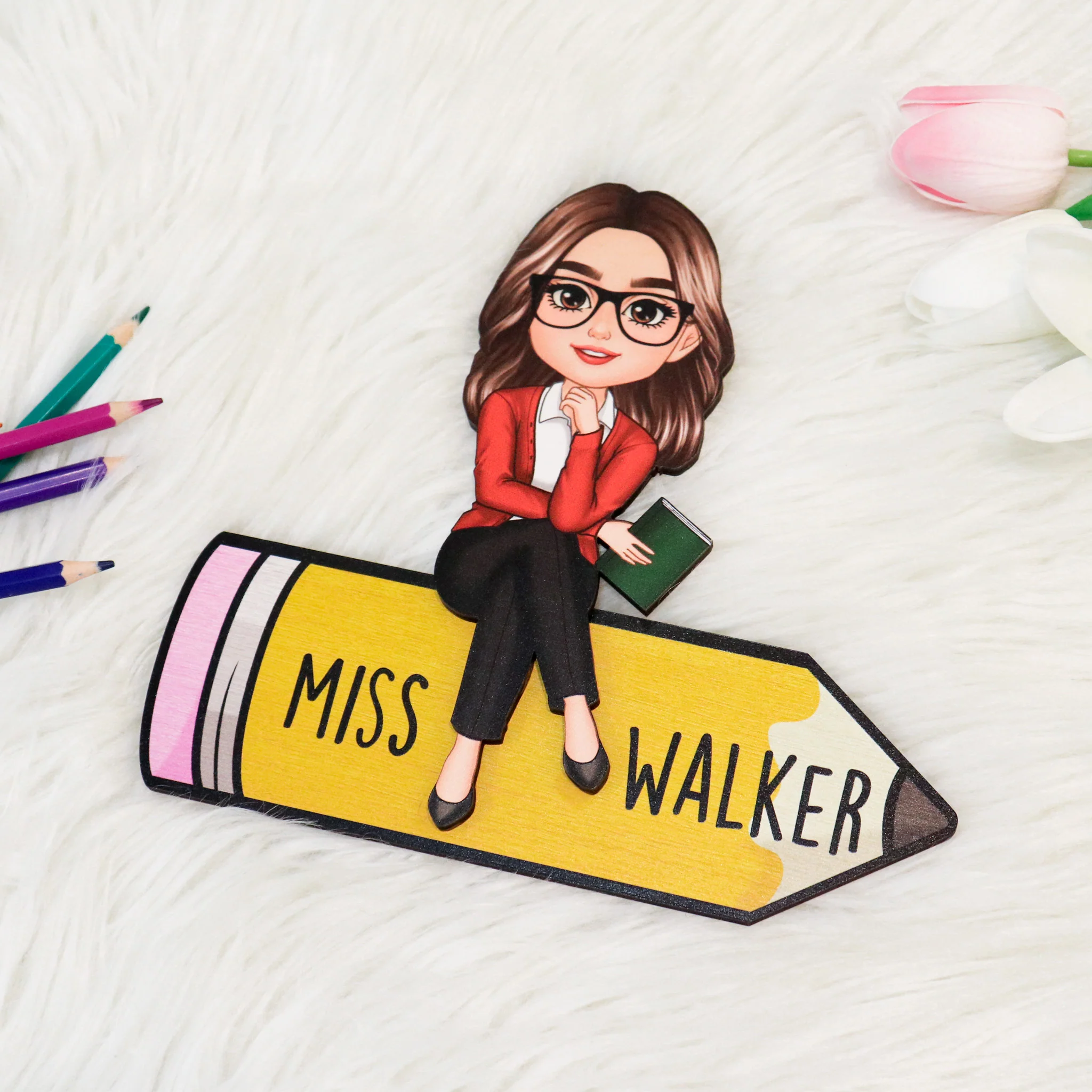 Doll Teacher Sitting On Pencil - Personalized 2-Layered Wooden Plaque - Gift For Teacher - Image 10