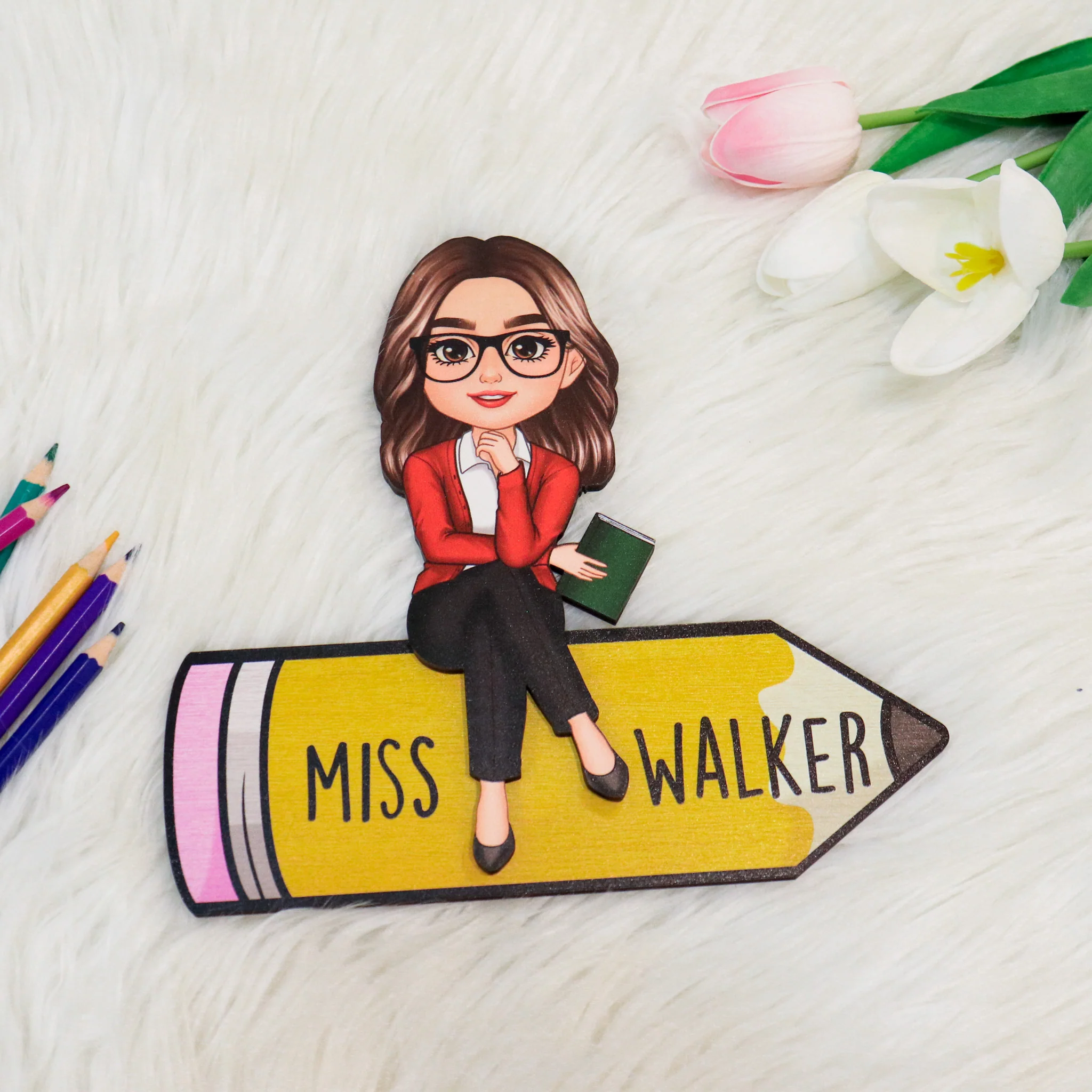 Doll Teacher Sitting On Pencil - Personalized 2-Layered Wooden Plaque - Gift For Teacher - Image 12