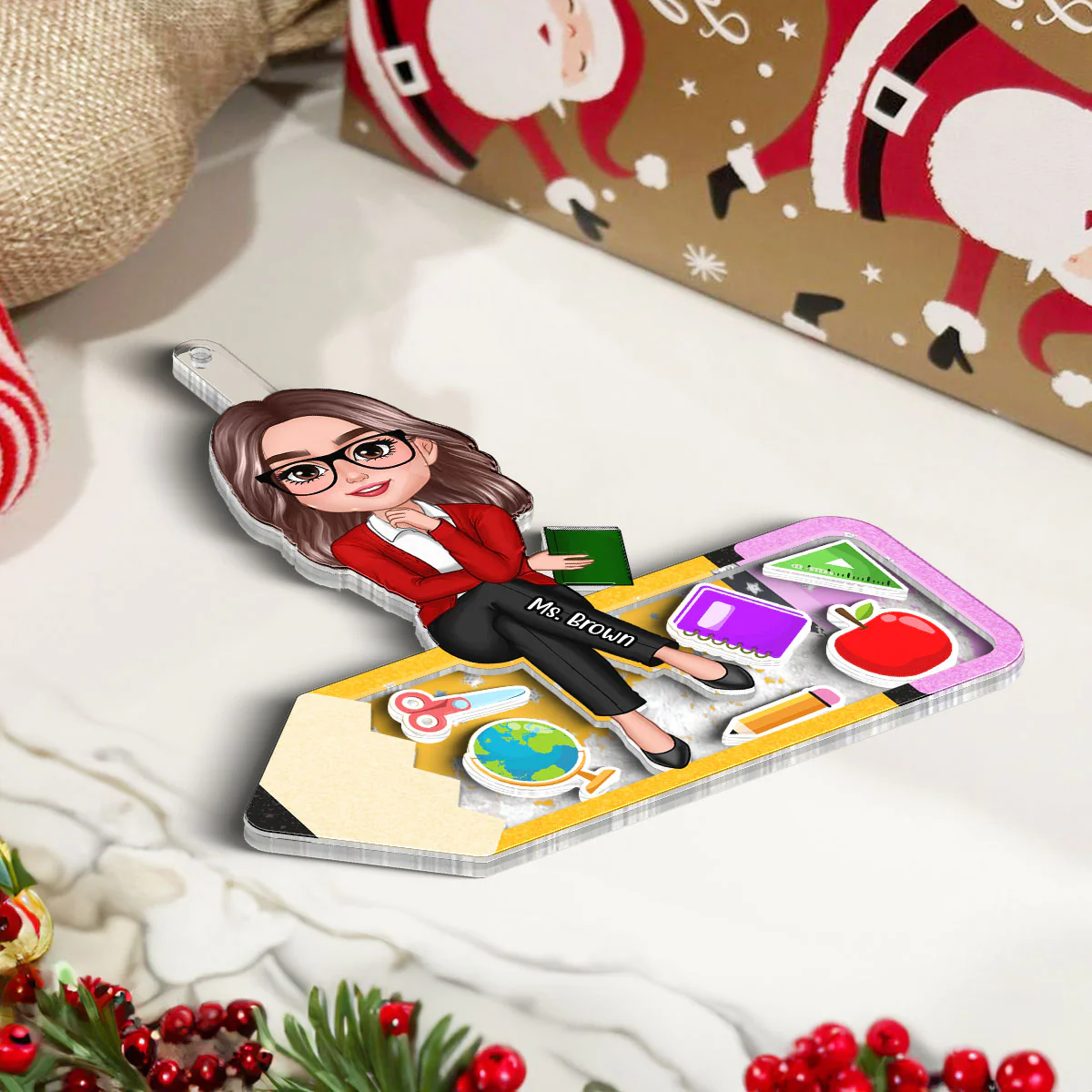 Doll Teacher Sitting On Pencil Personalized Shaker Ornament, Christmas Gift - Image 5