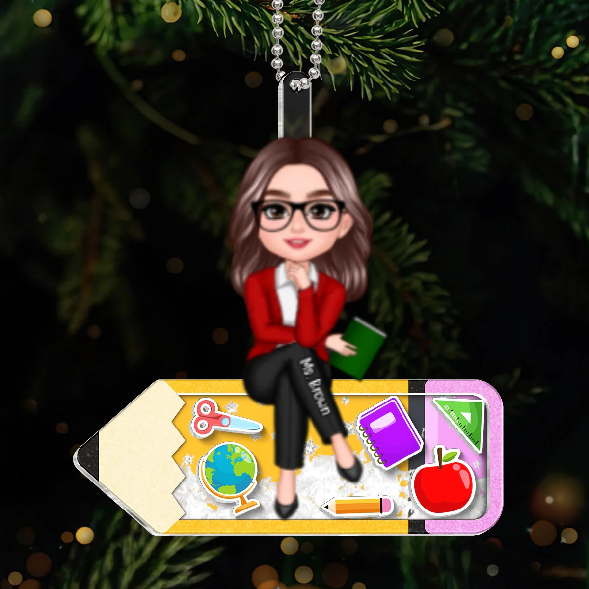 Doll Teacher Sitting On Pencil Personalized Shaker Ornament, Christmas Gift - Image 8