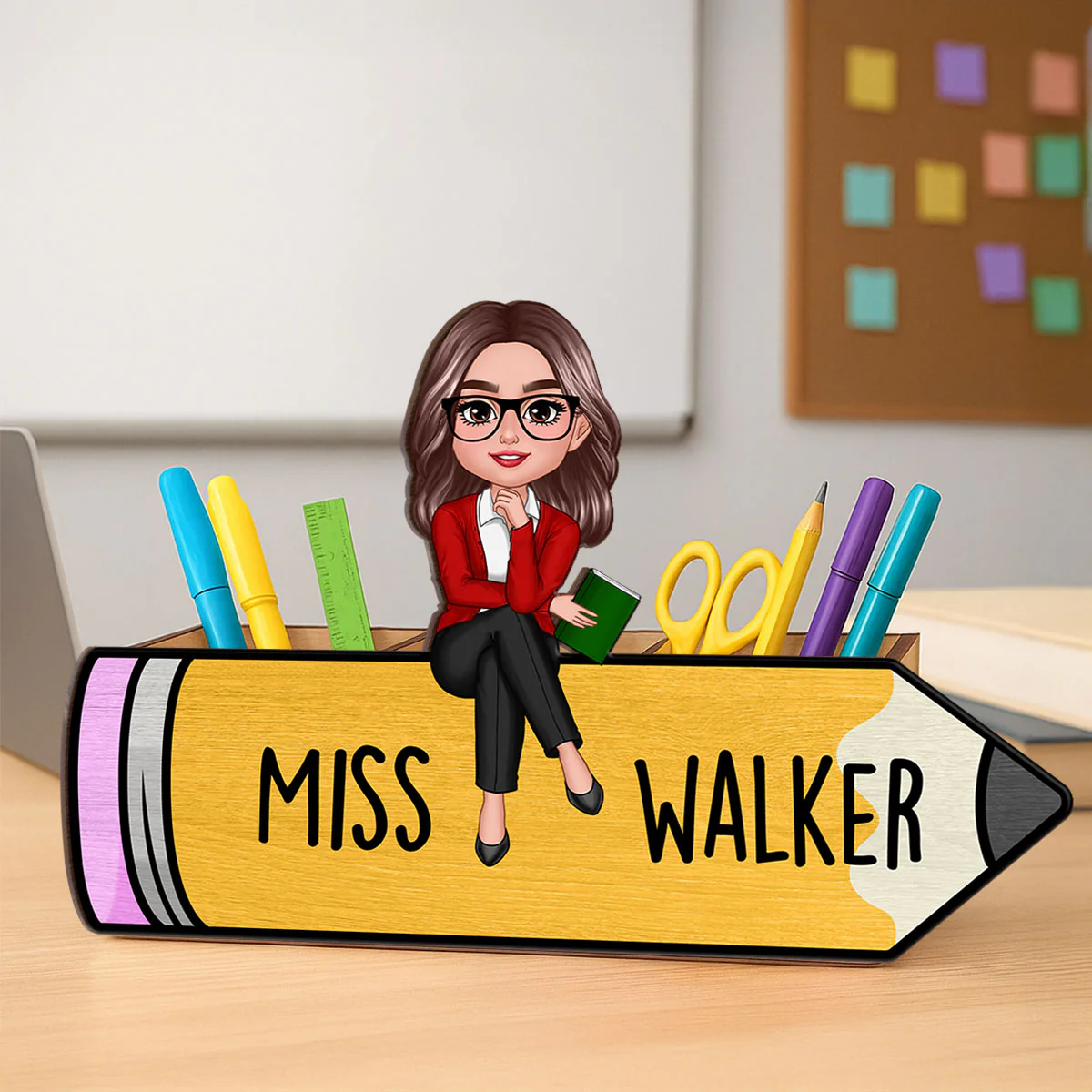 Doll Teacher Sitting On Pencil Personalized Wooden Pen Pencil Holder, Back To School Gift - Image 2