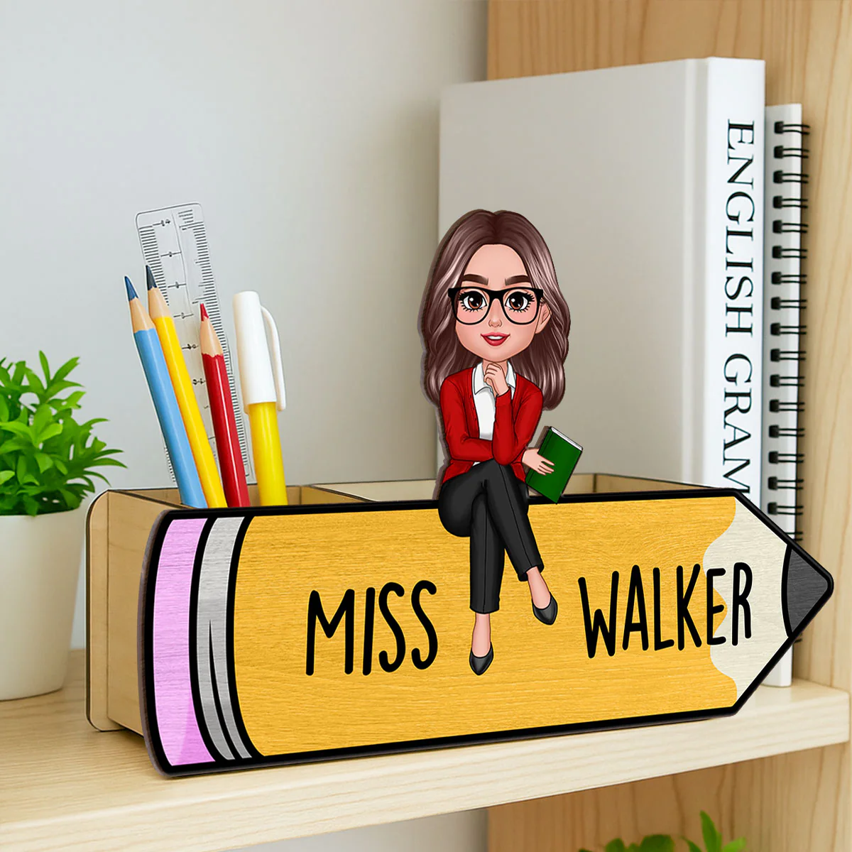 Doll Teacher Sitting On Pencil Personalized Wooden Pen Pencil Holder, Back To School Gift - Image 3