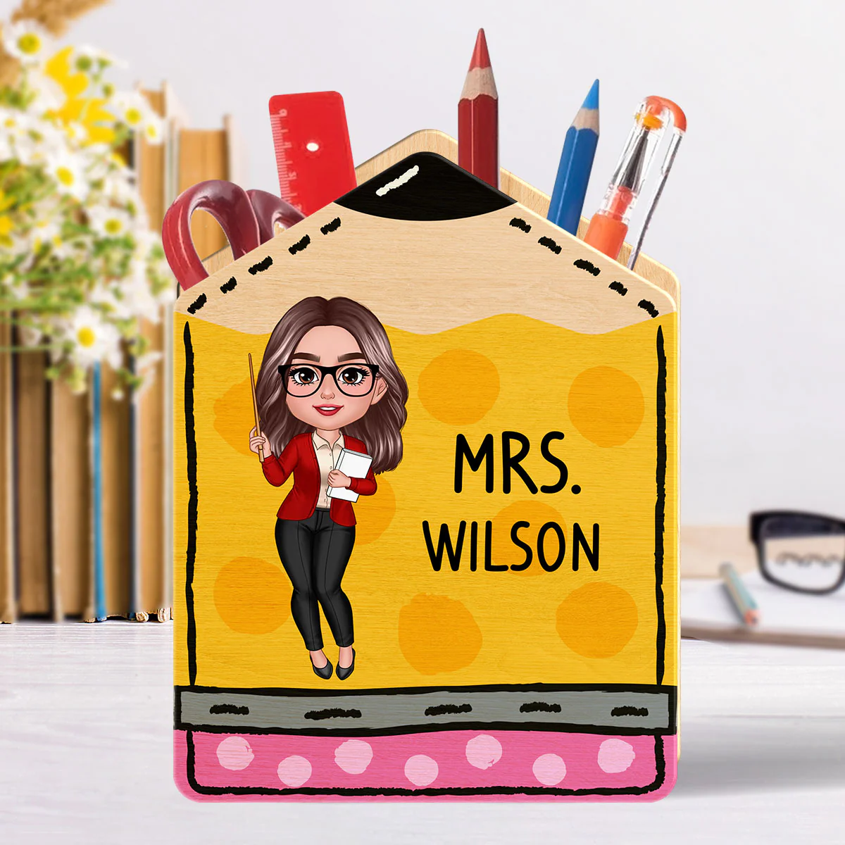 Doll Teacher Vertical Pencil Personalized Pen Pencil Holder, Back To School Gift - Image 3