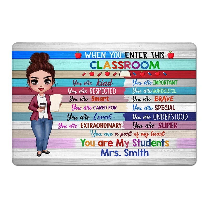 Doll Teacher Wood Texture Classroom Personalized Doormat - Image 2