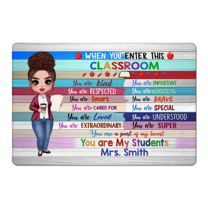 Doll Teacher Wood Texture Classroom Personalized Doormat - Image 3