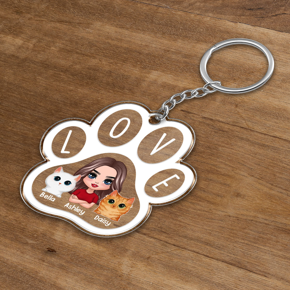 Doll Woman Man Peeking Watercolor Cute Cats Paw Shape Personalized Acrylic Keychain - Image 3