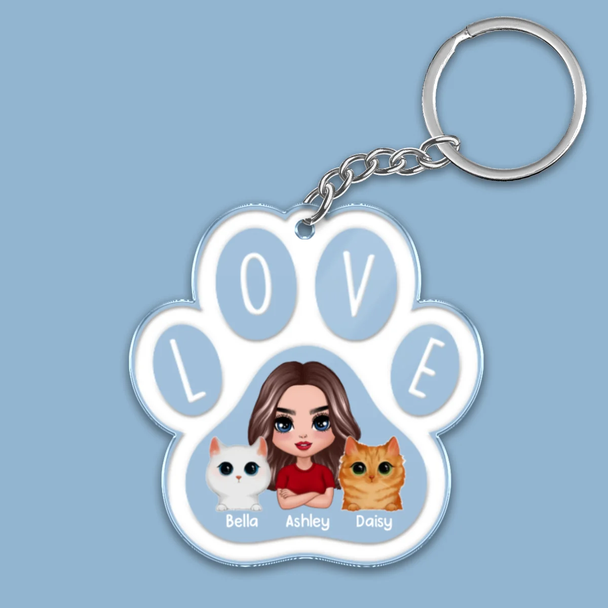 Doll Woman Man Peeking Watercolor Cute Cats Paw Shape Personalized Acrylic Keychain - Image 4