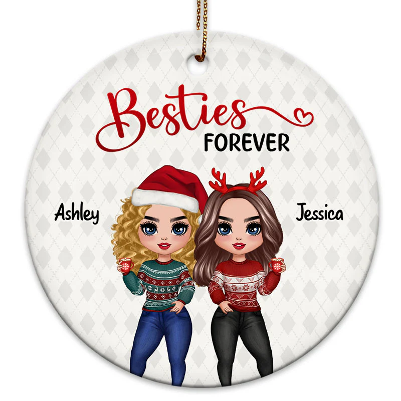 Doll Women Best Friends Besties Forever Christmas Personalized Circle Ornament