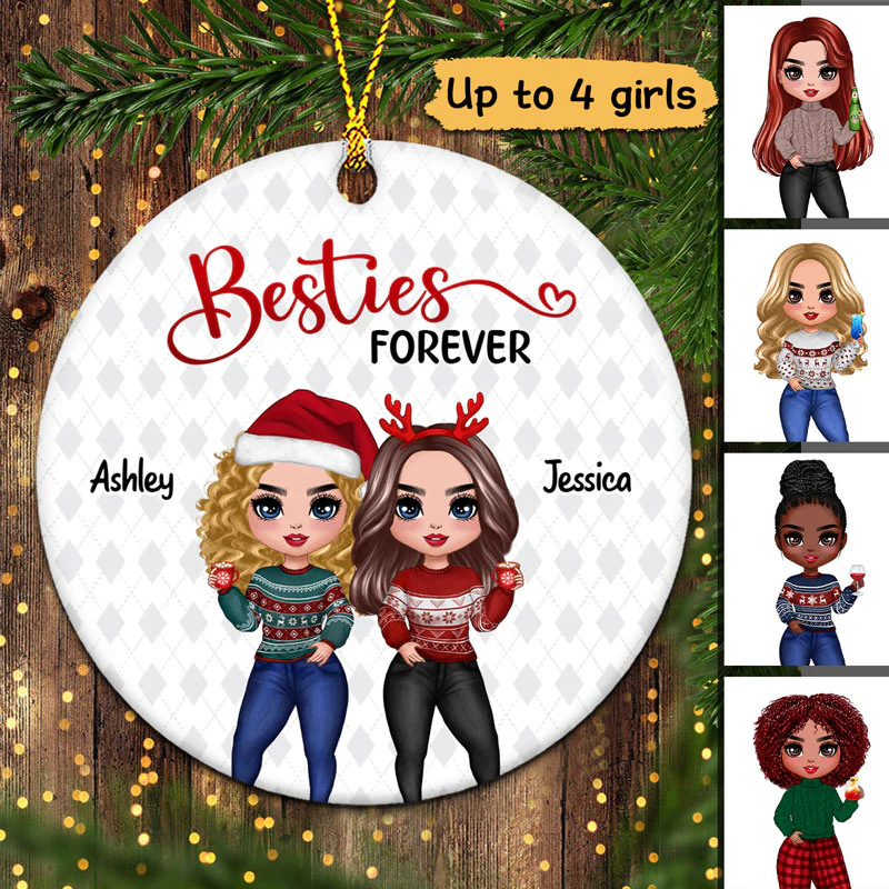 Doll Women Best Friends Besties Forever Christmas Personalized Circle Ornament - Image 2
