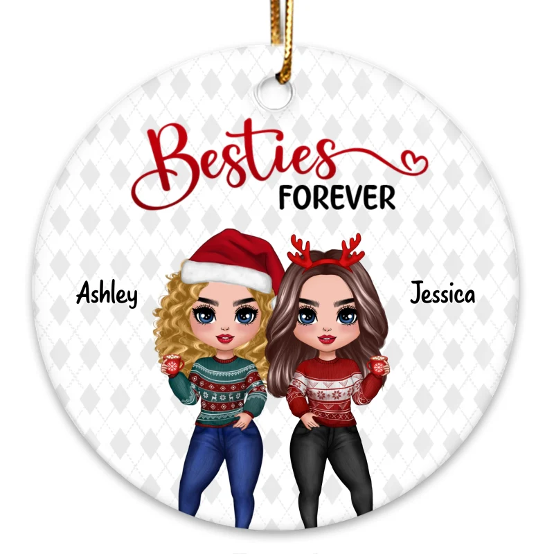 Doll Women Best Friends Besties Forever Christmas Personalized Circle Ornament - Image 3