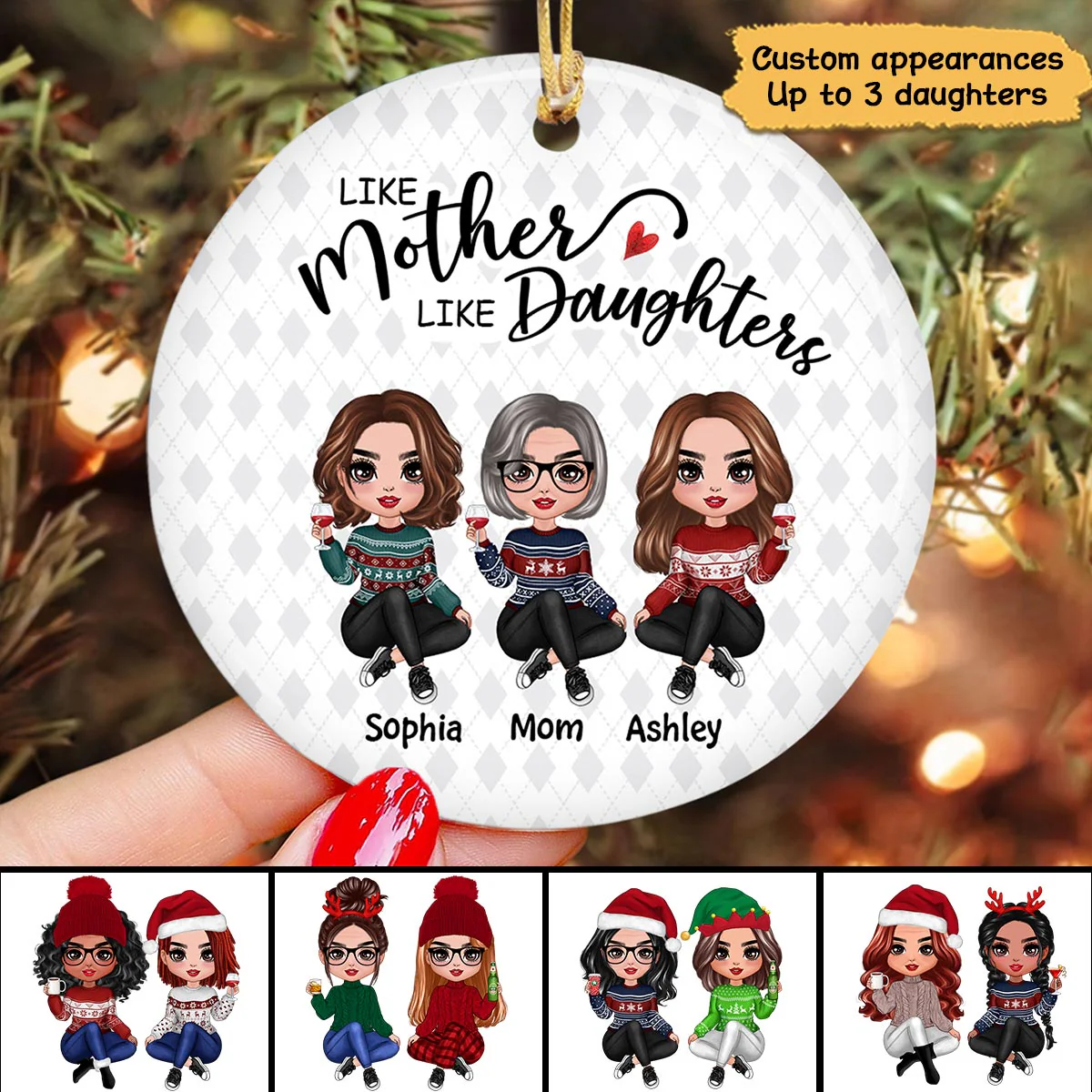 Doll Women Like Mother Like Daughters Rhombus Sweater Pattern Personalized Circle Ornament - Image 2