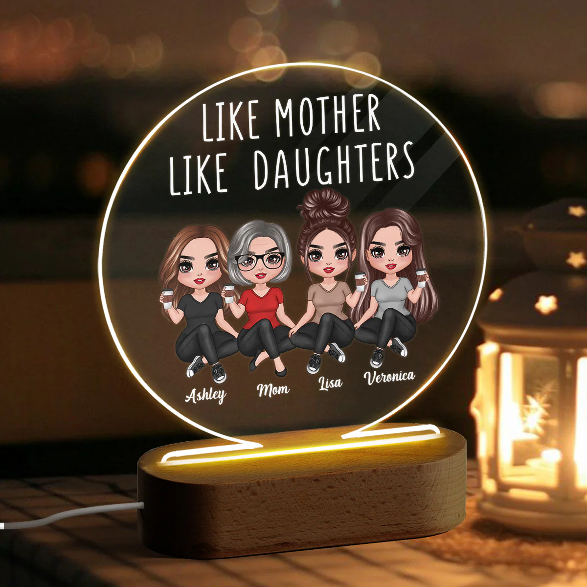 Doll Women Sitting Like Mother Like Daughter Personalized Circle Acrylic Plaque LED Night Light - Image 3