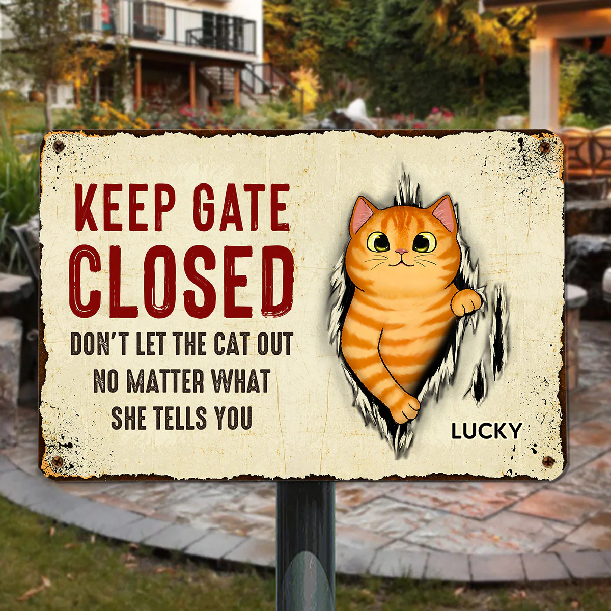 Don‘t Let The Cats Out Scratching Tearing Fluffy Cat Personalized Metal Sign - Image 3
