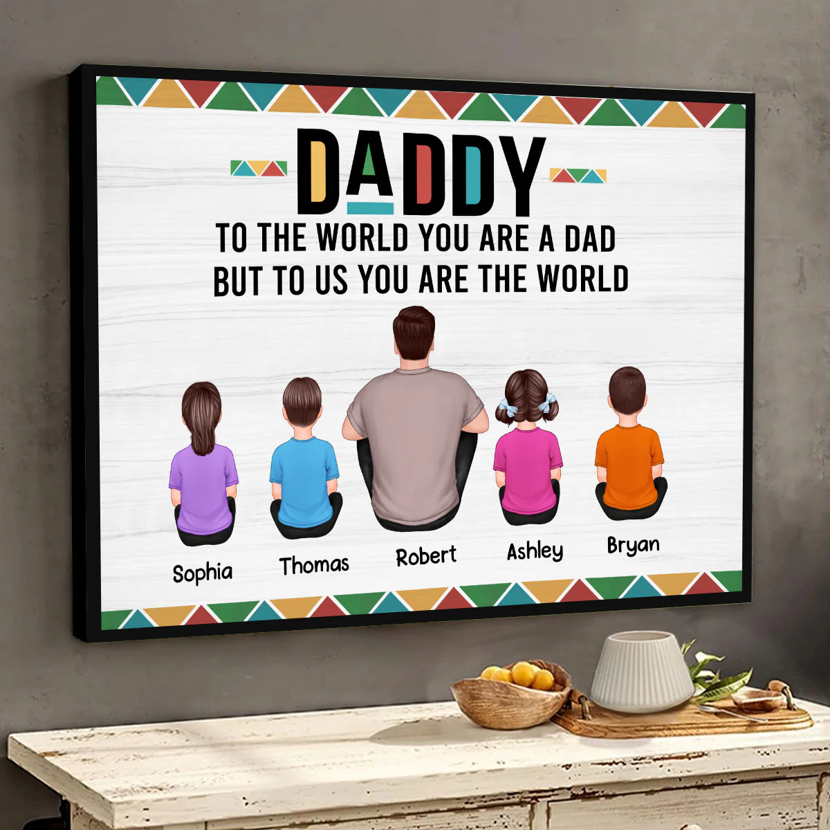 Dope Black Dad Colorful Pattern Man & Kids Sitting Back View Personalized Horizontal Poster - Image 2