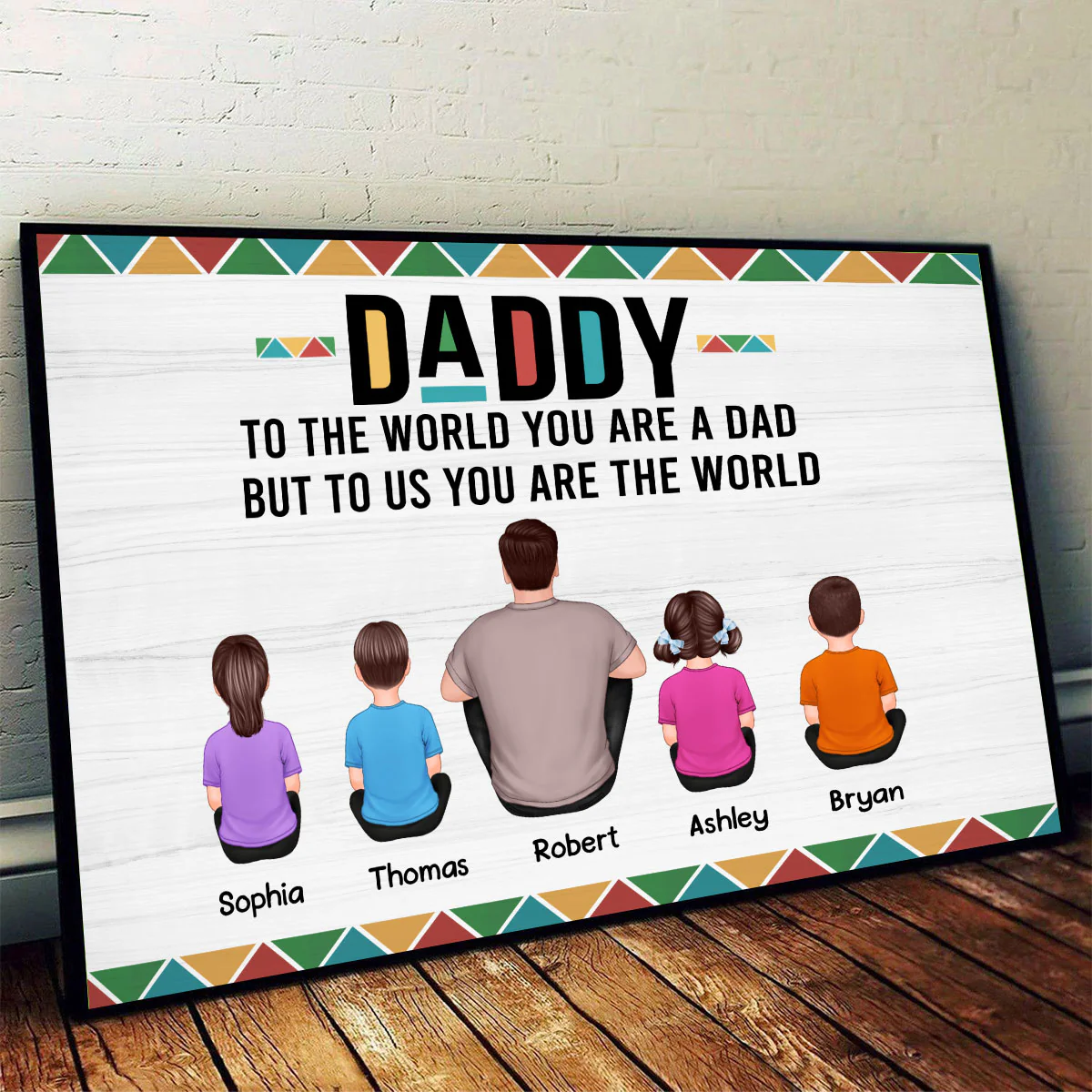 Dope Black Dad Colorful Pattern Man & Kids Sitting Back View Personalized Horizontal Poster - Image 3