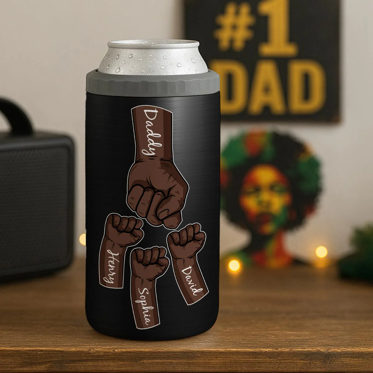 Dope Black Dad Juneteenth Flag Fist Bumps Personalized 4-in-1 Can Cooler - Image 3