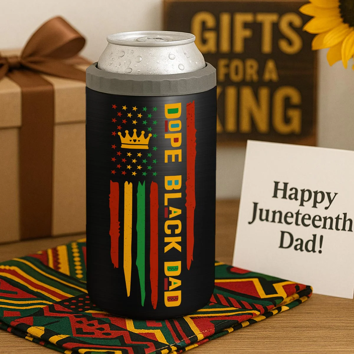 Dope Black Dad Juneteenth Flag Fist Bumps Personalized 4-in-1 Can Cooler - Image 4