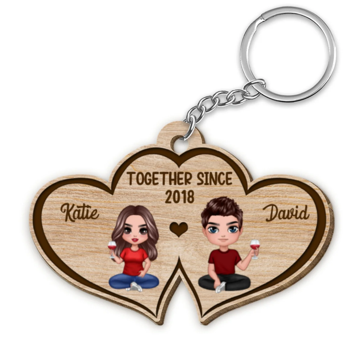 Double Heart Couple Personalized Wooden Keychain - Image 4