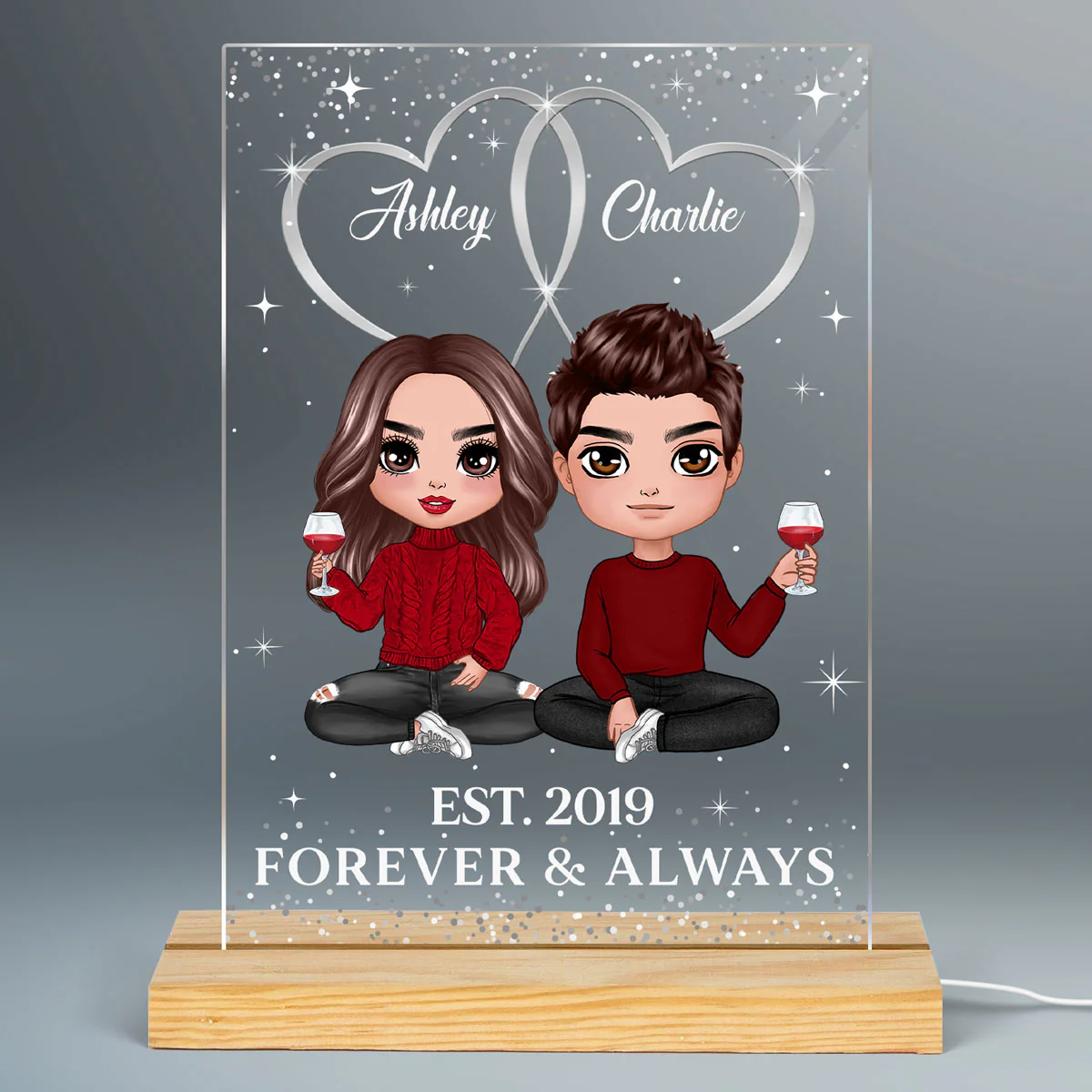 Double Hearts Doll Couple Sitting Personalized Rectangle Acrylic Plaque LED Lamp Night Light - Image 2