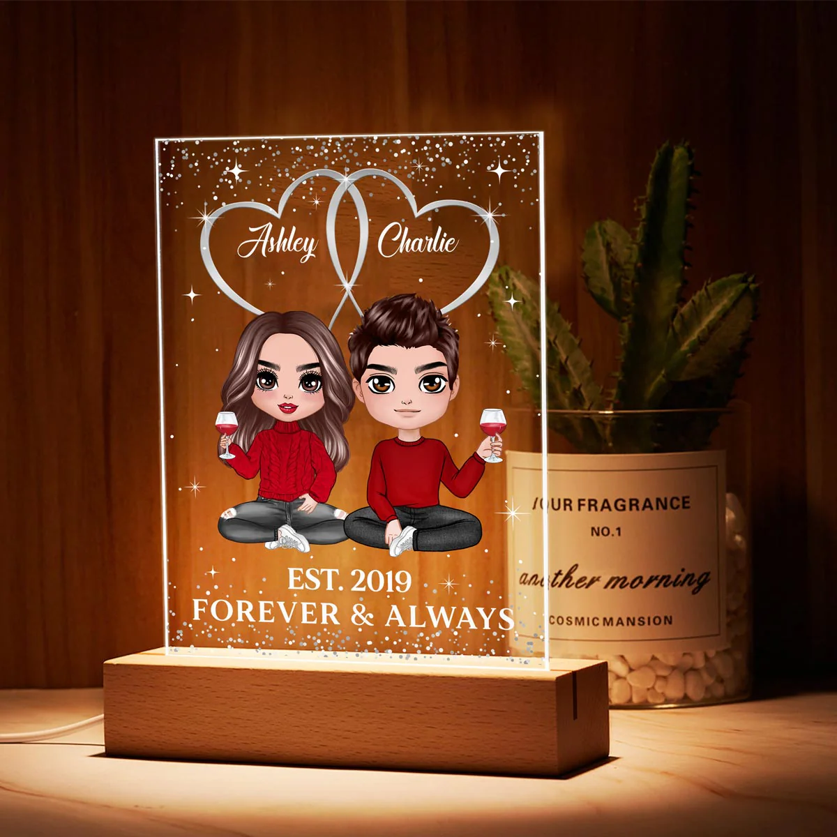 Double Hearts Doll Couple Sitting Personalized Rectangle Acrylic Plaque LED Lamp Night Light - Image 3
