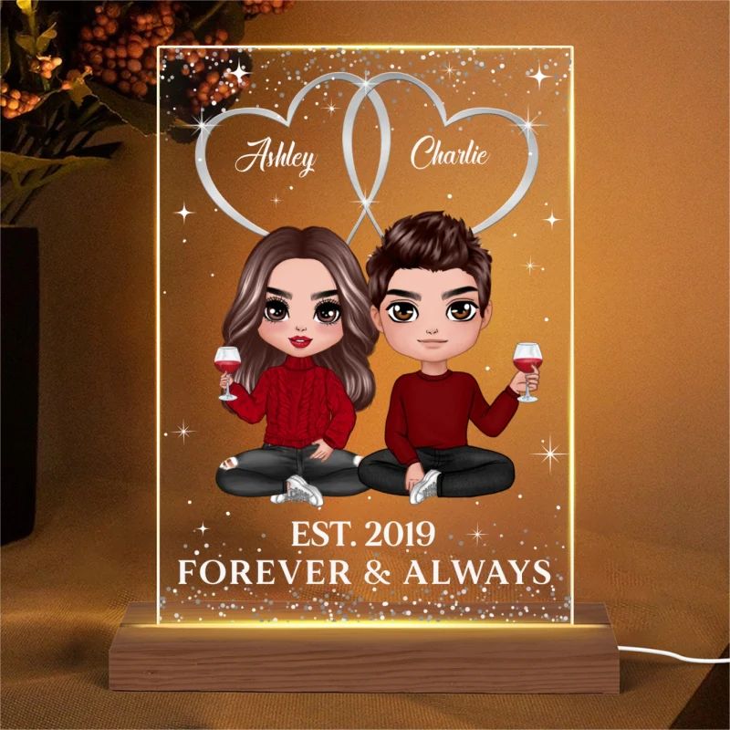 Double Hearts Doll Couple Sitting Personalized Rectangle Acrylic Plaque LED Lamp Night Light - Image 4