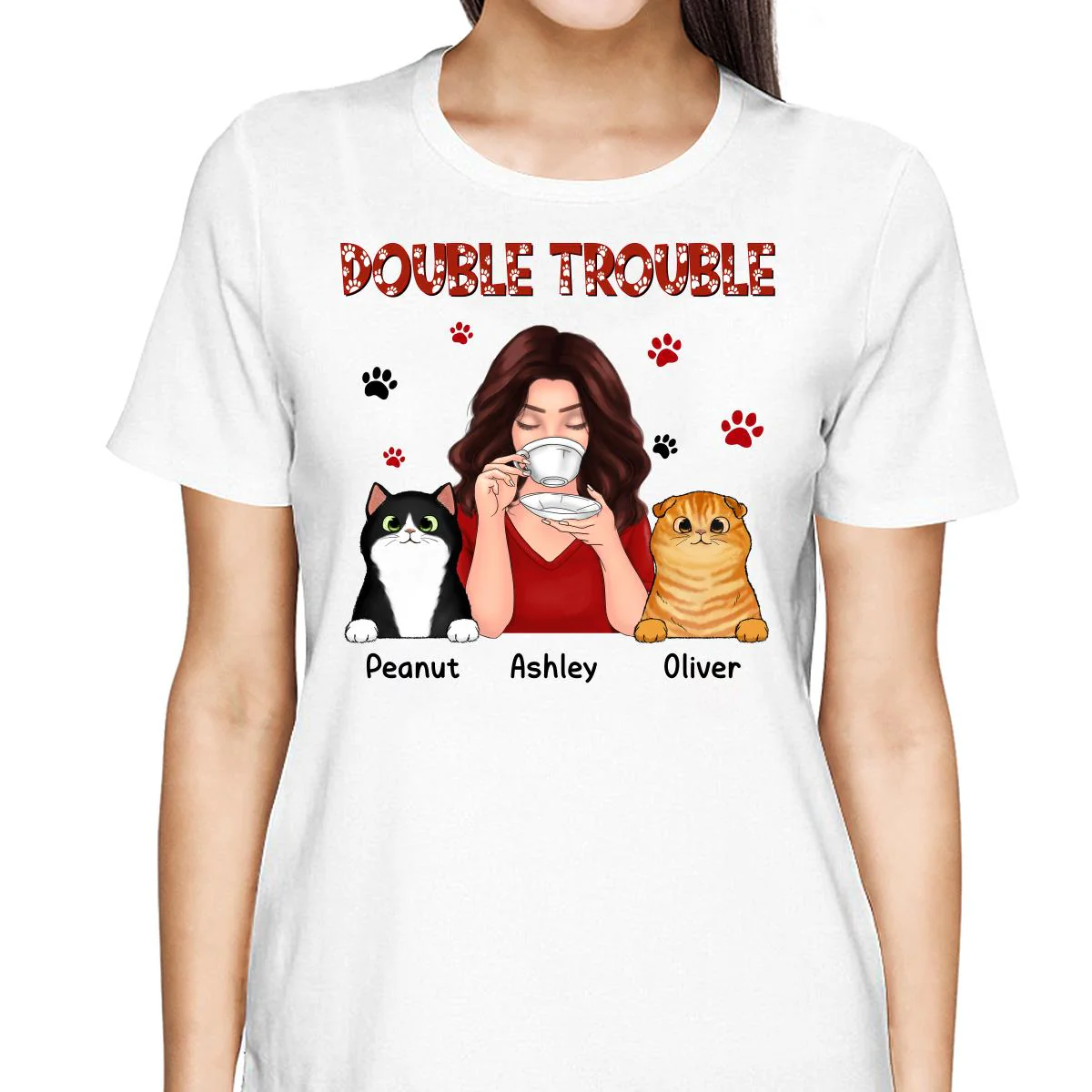 Double Trouble Coffee Girl Fluffy Cats With Paws Personalized Shirt - Image 2