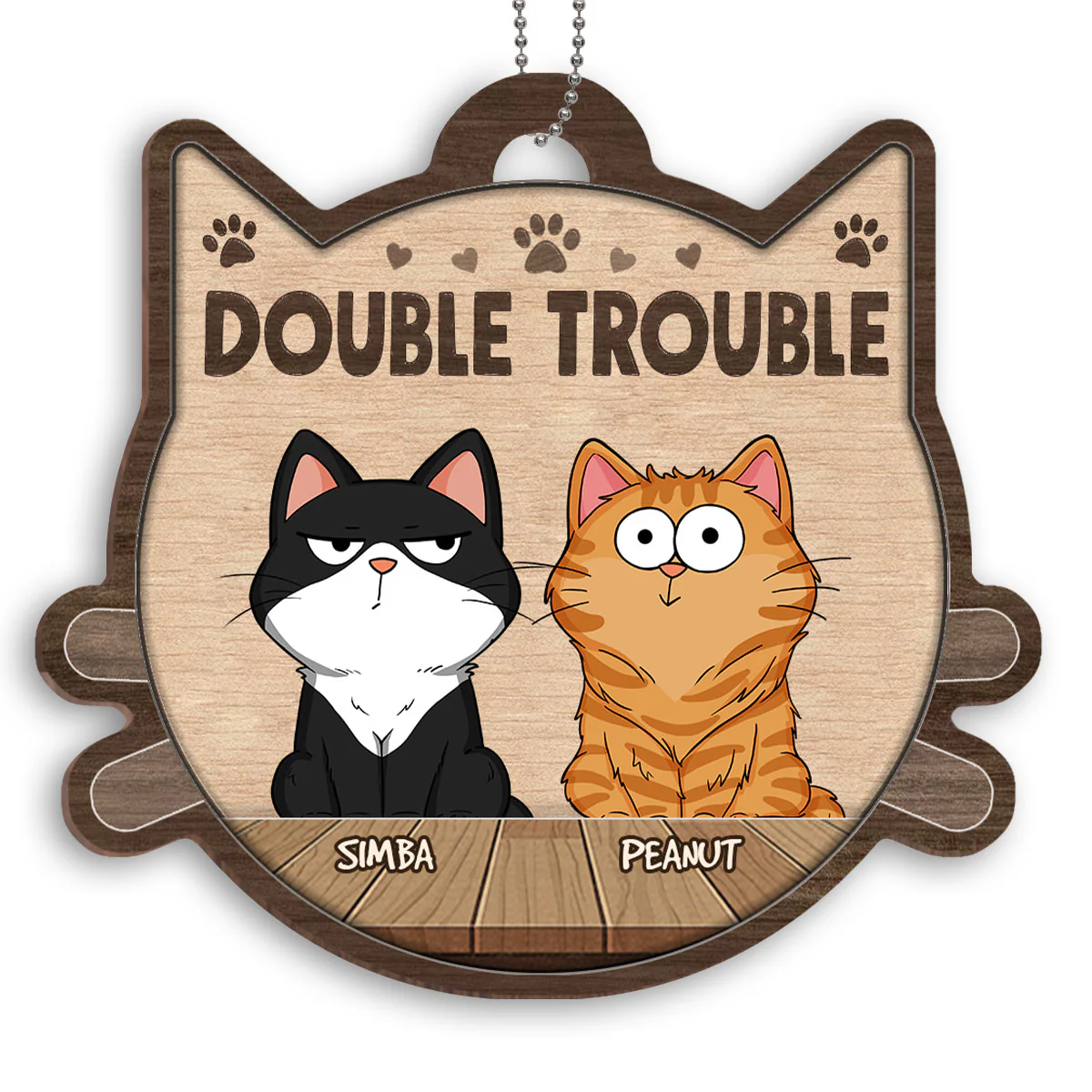 Double Trouble Funny Cat Expression Personalized Cat Head Shaped Wooden Ornament - Image 2