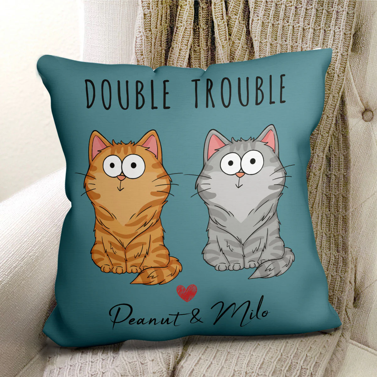 Double Trouble Funny Cat Expressions Personalized Pillow (Insert Included) - Image 2