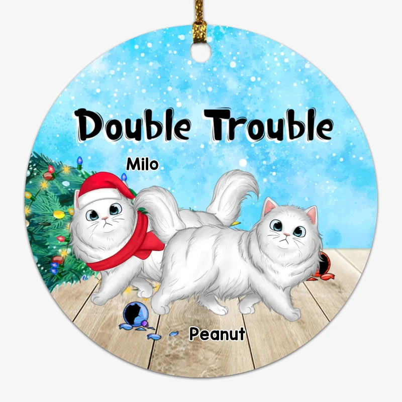 Double Trouble Walking Fluffy Cat Personalized Circle Ornament - Image 2