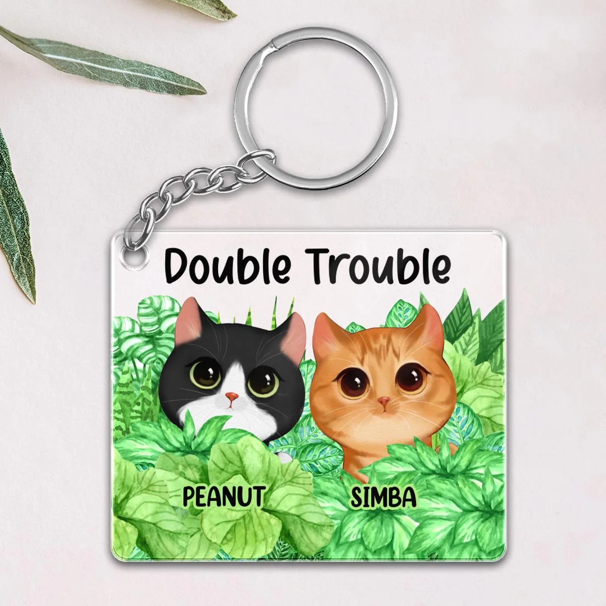 Double Trouble Watercolor Cute Cats Peeking Plant Leaves Personalized Acrylic Keychain
