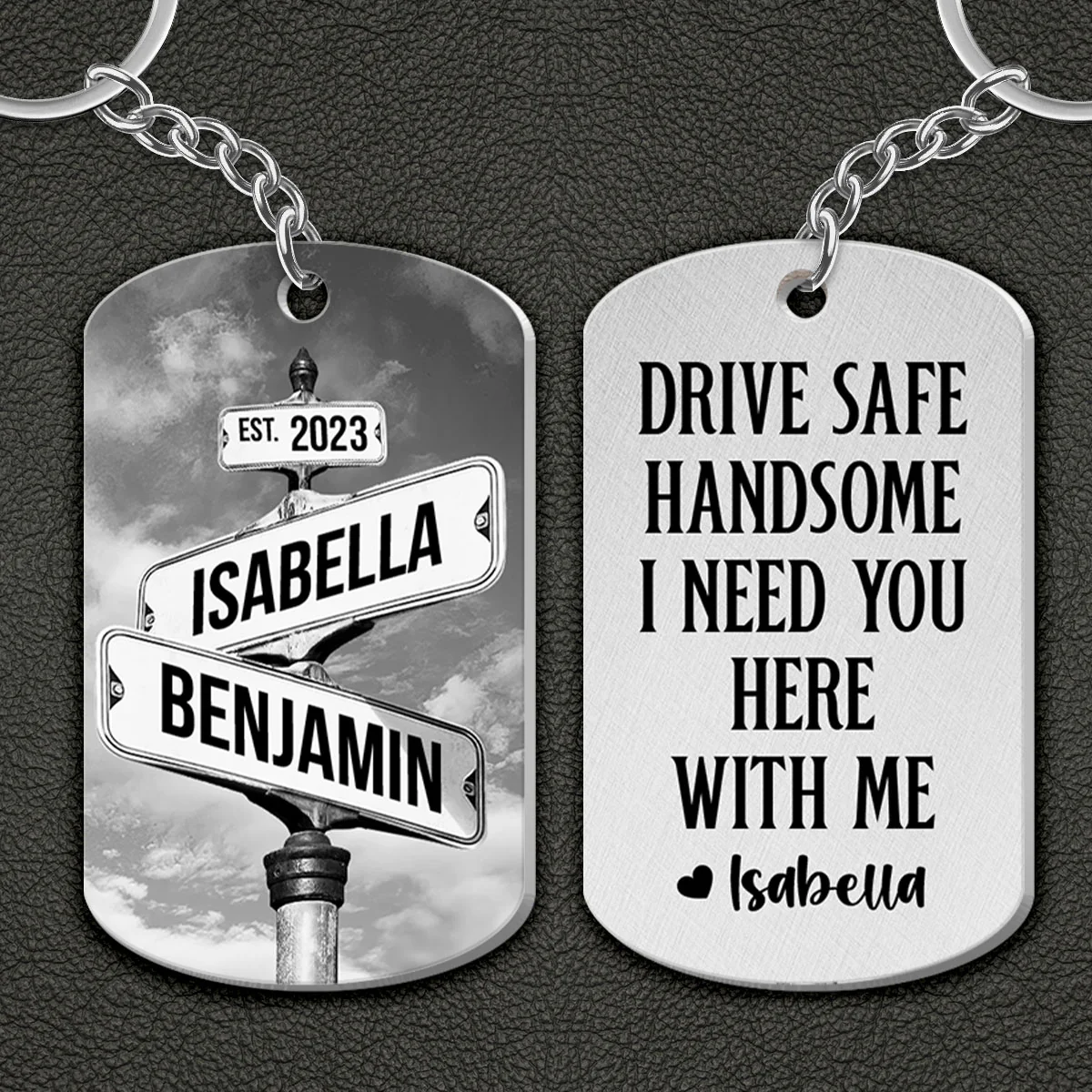Drive Safe I Need You Vintage Crossroads Street Sign Personalized Metal Keychain, Anniversary Gift For Him, Boyfriend, Husband